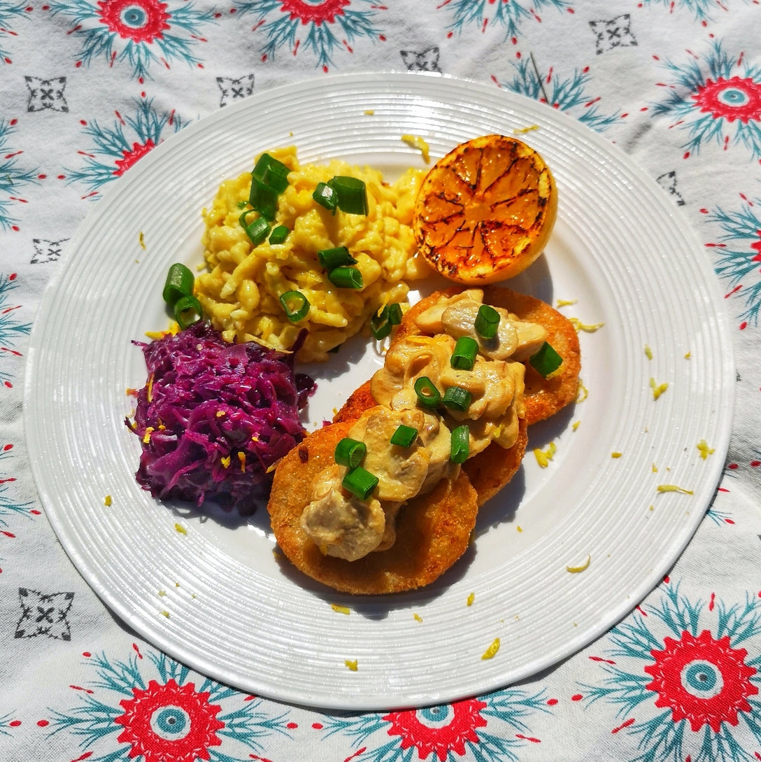 Cauliflower Hash Brown Schnitzel with Mushroom Sauce and Spätzle