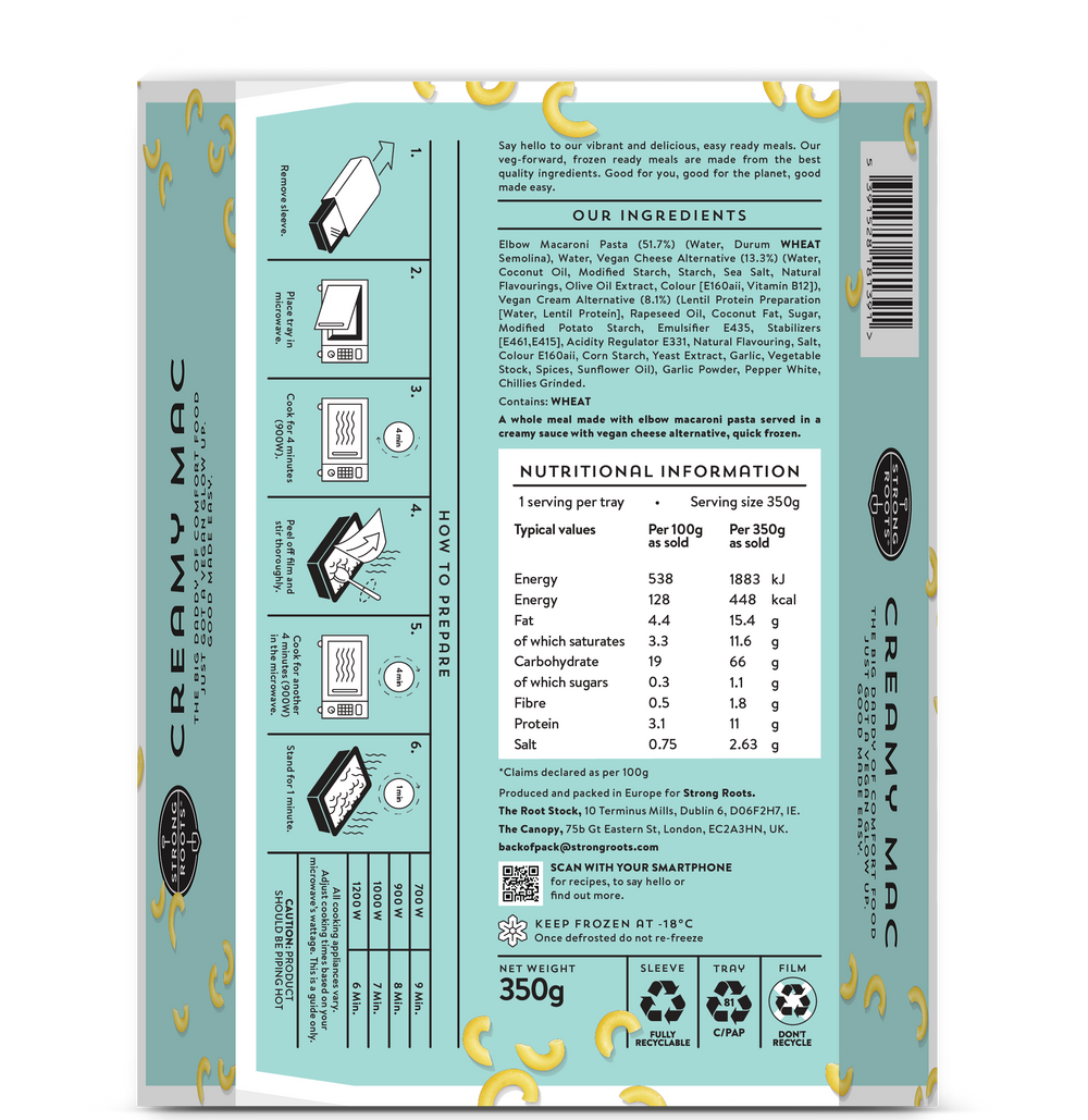 Back of the packaging of the Creamy Mac which includes Ingredients, Nutrition Facts and Cooking Instructions.
