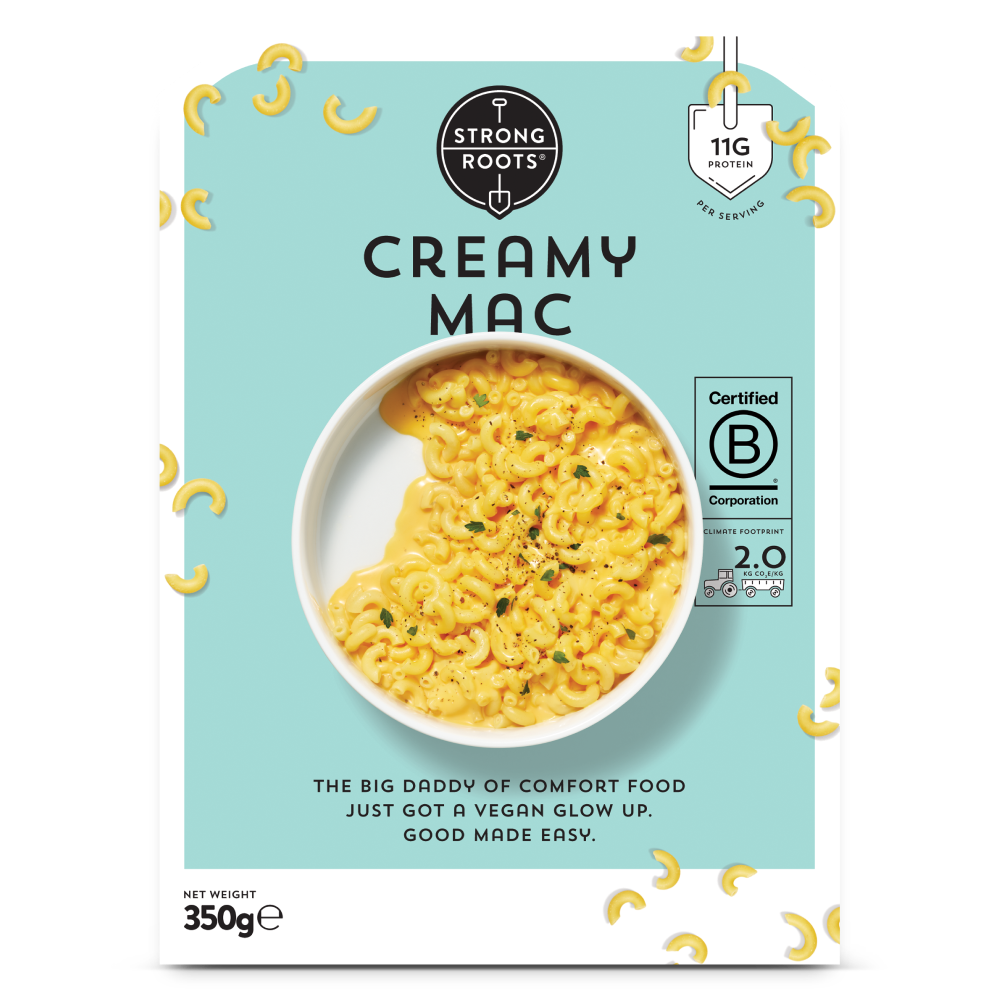 A bowl of Strong Roots Creamy Mac. The dish consists of macaroni pasta smothered in a creamy vegan sauce.