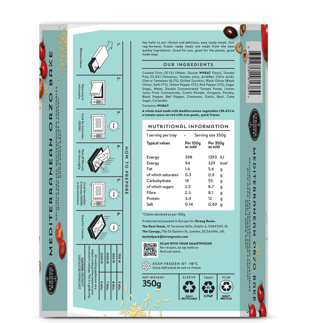 Back of the Packaging of Mediterranean Orzo Pasta Bake bowl featuring nutritional values and cooking instructions.