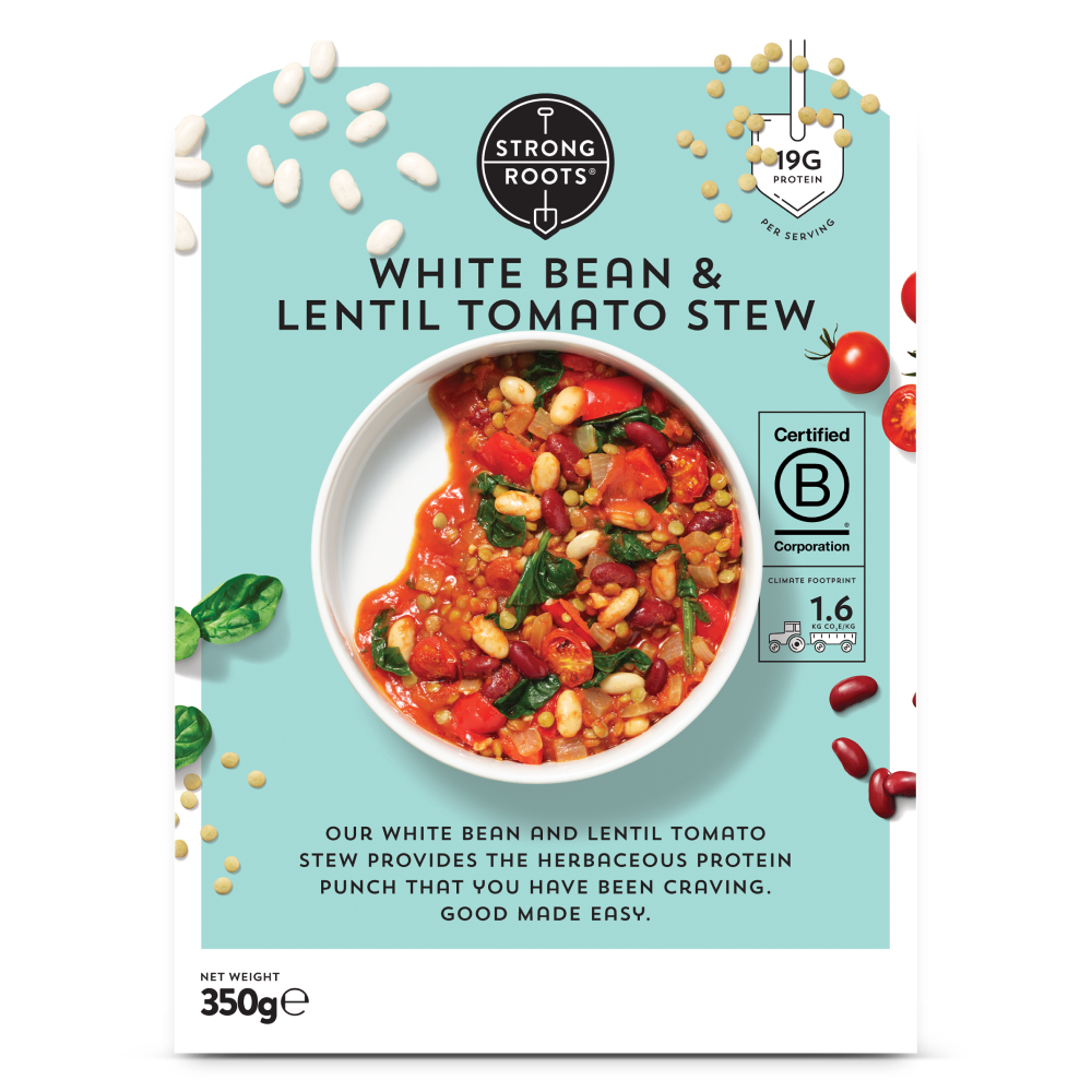 A bowl of Strong Roots White Bean Lentil Tomato Stew. The stew is made with white beans, lentils, and tomatoes, and is garnished with herbs. The dish appears hearty and flavorful. B Corp logo is included on the left side and the Carbon Cloud score is 1.6. The net weight of the meal is 350g. One serving contains 19g of protein.