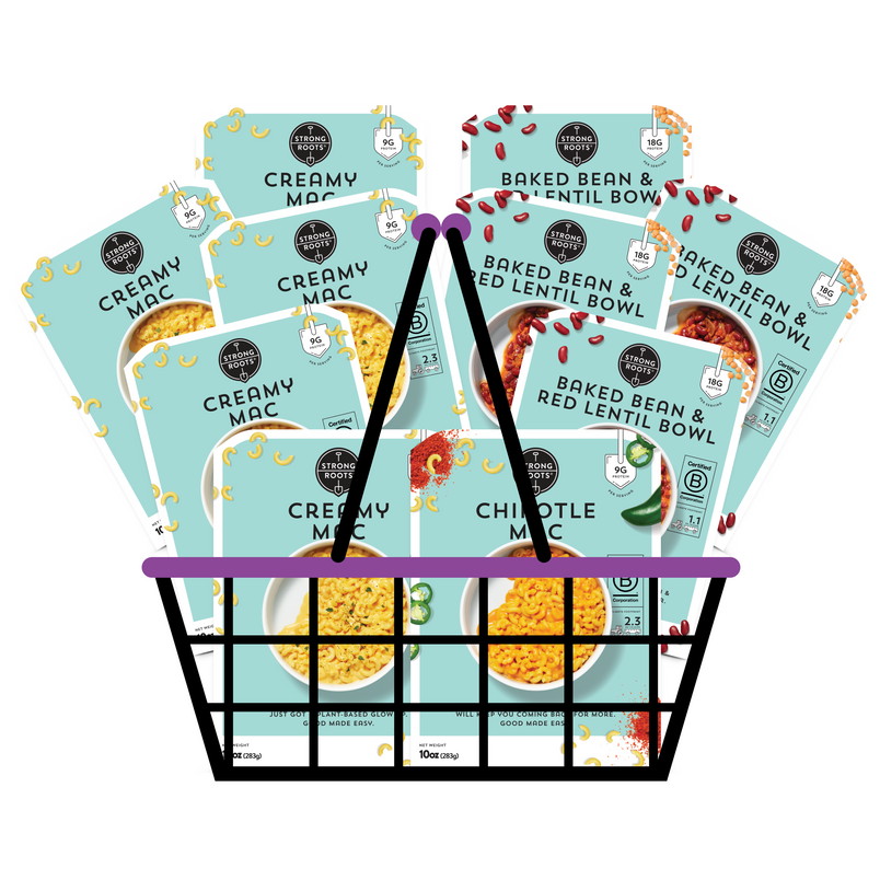 A basket overflowing with 10 Strong Roots Good Made Easy meals, featuring products from the American Cookout bundle.