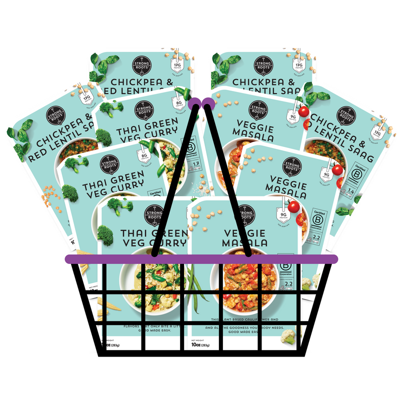 A basket overflowing with 10 Strong Roots Good Made Easy meals, featuring products from the Asian Inspired Bundle.
