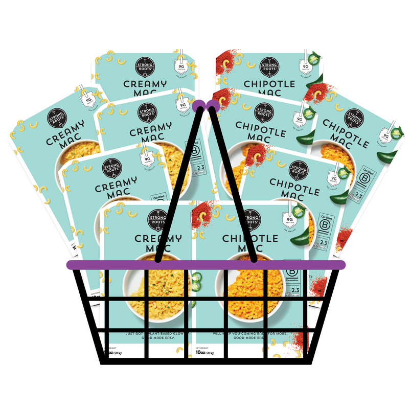 A basket overflowing with 10 Strong Roots Good Made Easy meals, featuring products from the Double Mac Bundle.