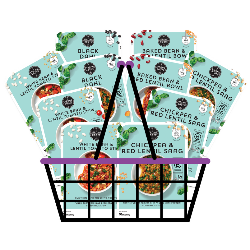 A basket overflowing with 10 Strong Roots Good Made Easy meals, featuring products from the High Protein Bundle.