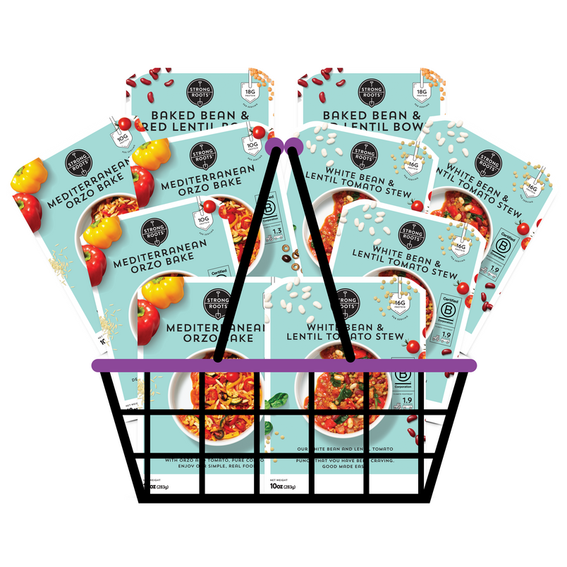A basket overflowing with 10 Strong Roots Good Made Easy meals, featuring products from the Mediterranean Bundle.
