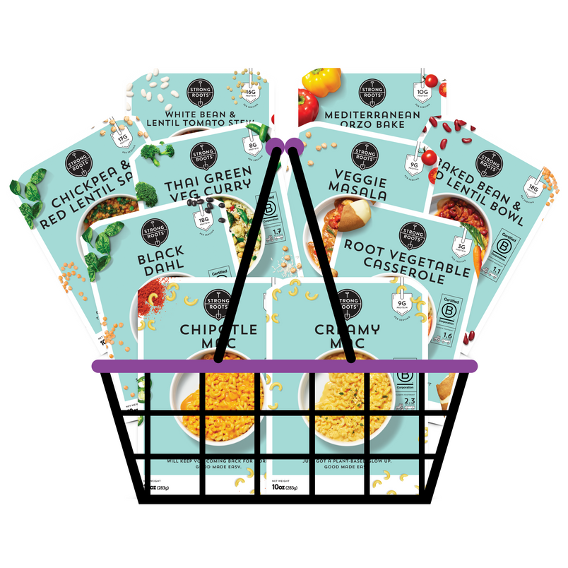 A basket overflowing with 10 Strong Roots Good Made Easy meals, featuring Sampler Pack that consists of each product variety.