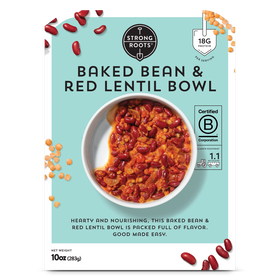 Full of protein Frozen Meal for One - front of the Packaging featuring Baked Bean and Red Lentil bowl.