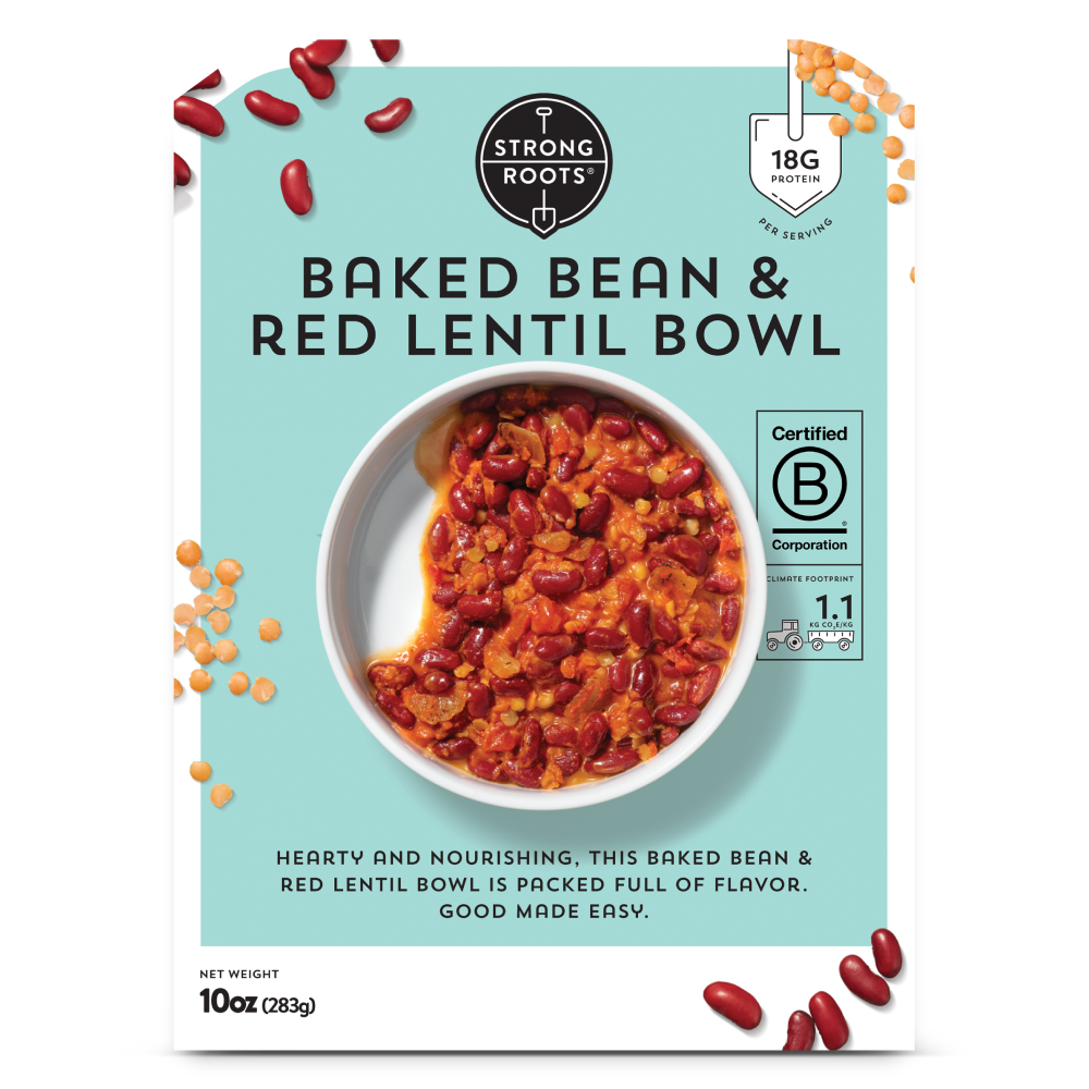 Full of protein Frozen Meal for One - front of the Packaging featuring Baked Bean and Red Lentil bowl.