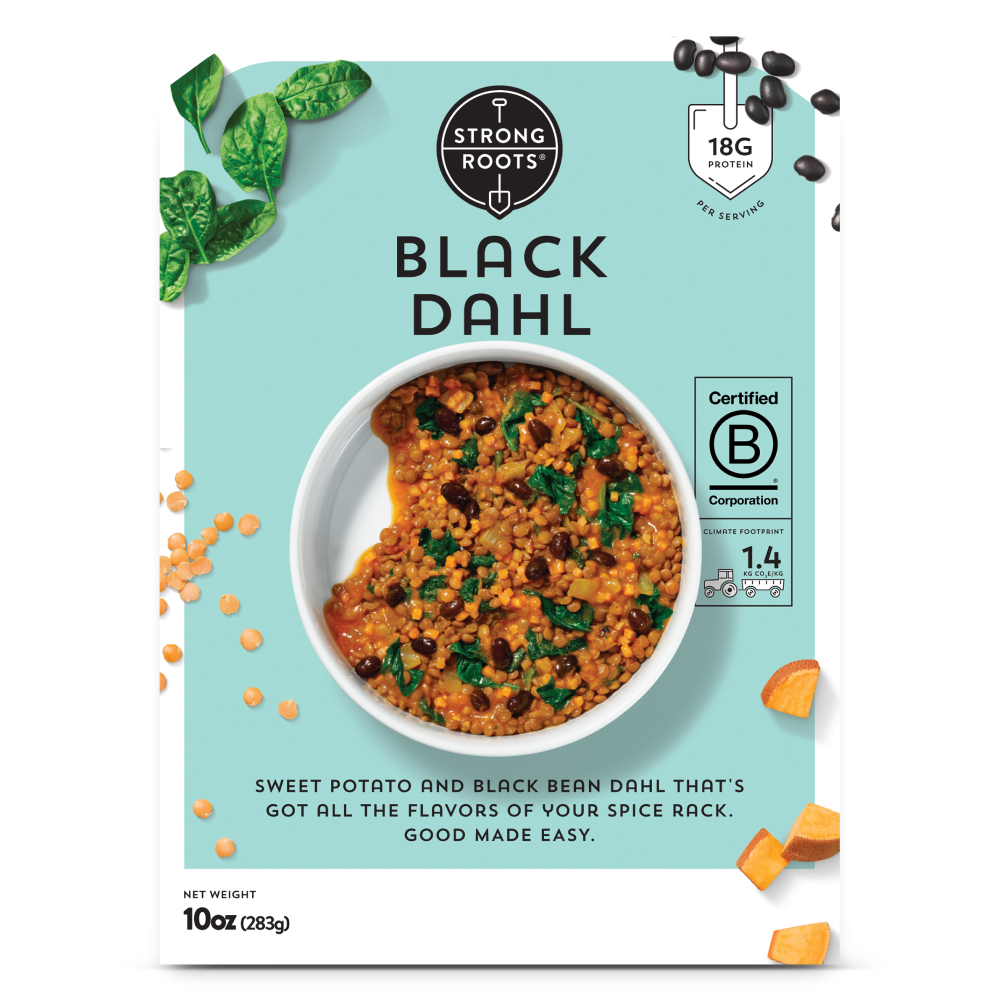 Full of protein Frozen Meal for One - front of the Packaging featuring Strong Roots' Black Dhal bowl.