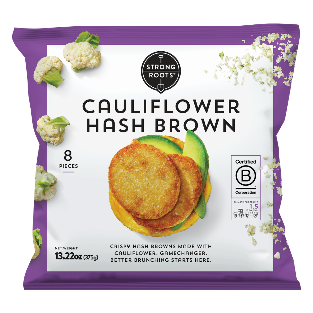 Front of the Packaging featuring Strong Roots' Cauliflower Hash Brown.