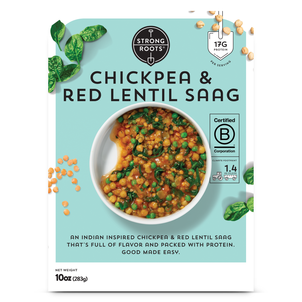 Full of protein Frozen Meal for One - front of the Packaging featuring Strong Roots' Chickpea & Red Lentil Saag bowl.