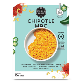 A packaging of one serving of ready-to-eat Chipotle Mac with macaroni pasta coated in a chipotle-infused sauce.