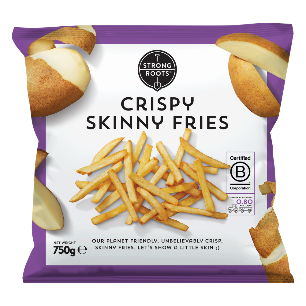 Front of the Packaging featuring Strong Roots' Crispy Skinny Fries.