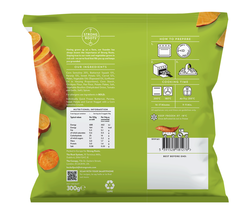 Back of the packaging of the Crispy Veg Nuggets which includes Ingredients, Nutrition Facts and Cooking Instructions.