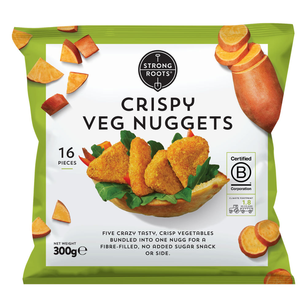 Front of the Packaging featuring Strong Roots' Crispy Veg Nuggets.
