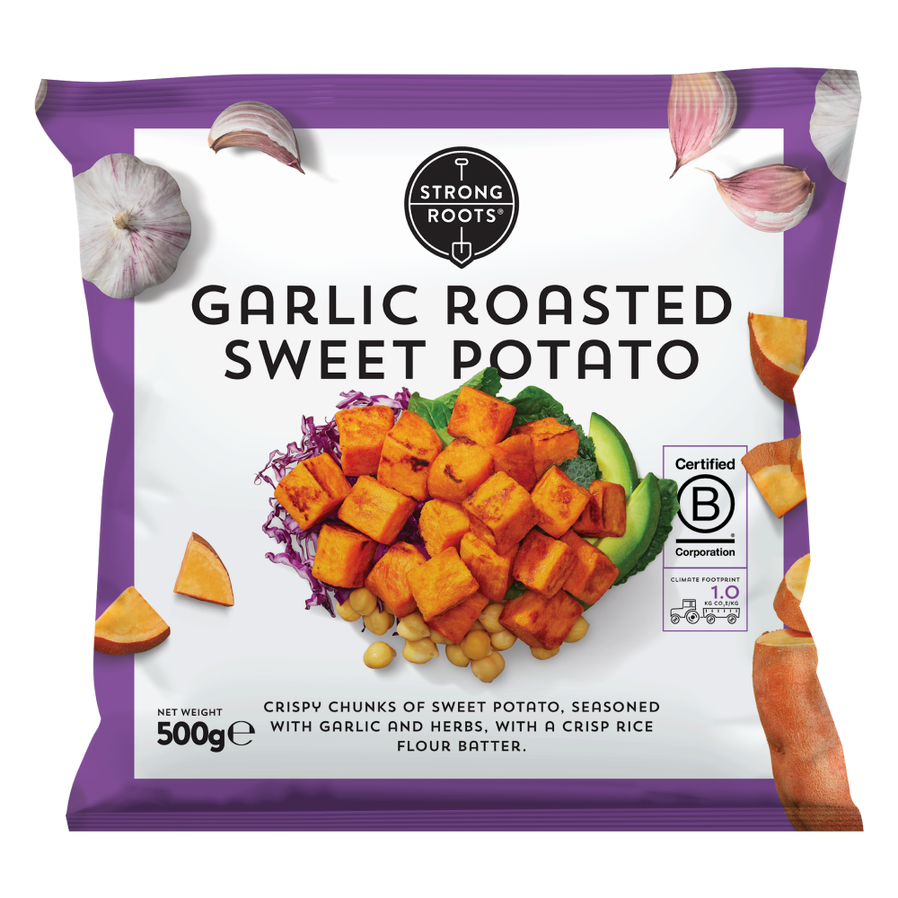 Front of the Packaging featuring Strong Roots' Products Garlic Roasted Sweet Potato.