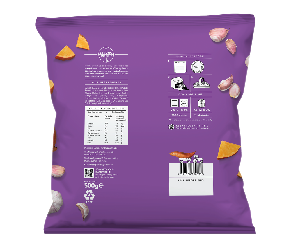 Back of the packaging of the Garlic Roasted Sweet Potato which includes Ingredients, Nutrition Facts and Cooking Instructions.
