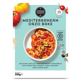 Frozen Meal for One - front of the Packaging featuring Mediterranean Orzo Pasta Bake bowl.