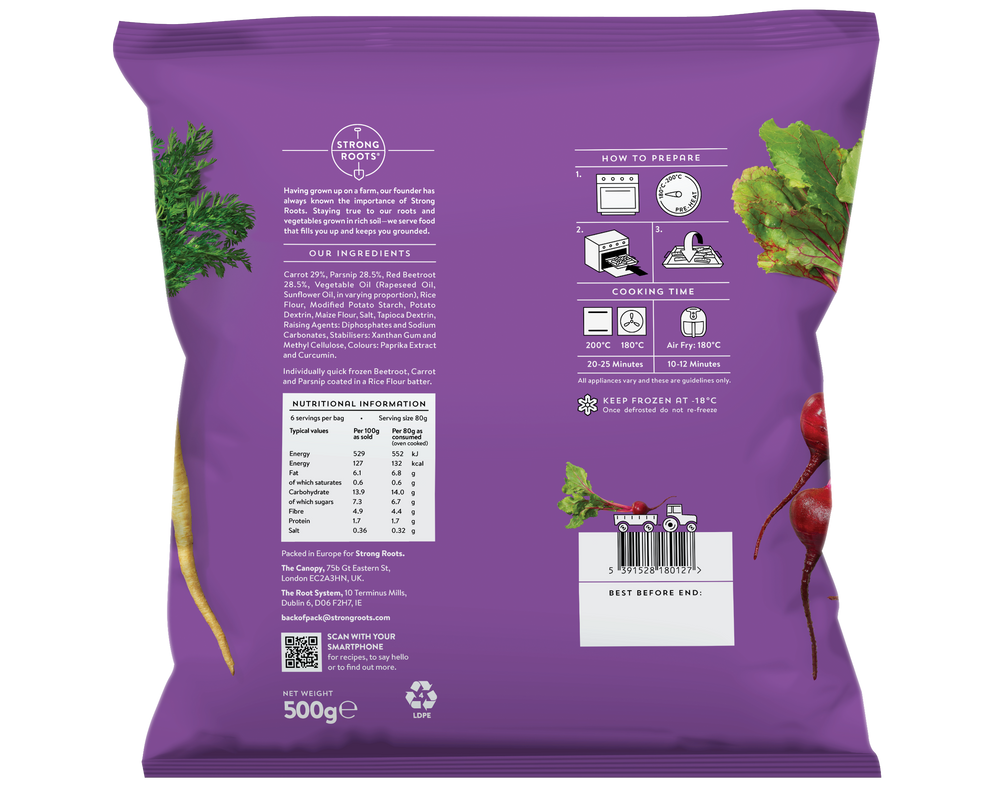 Back of the Packaging of the Mixed Root Vegetable Fries featuring nutritional values and cooking instructions.