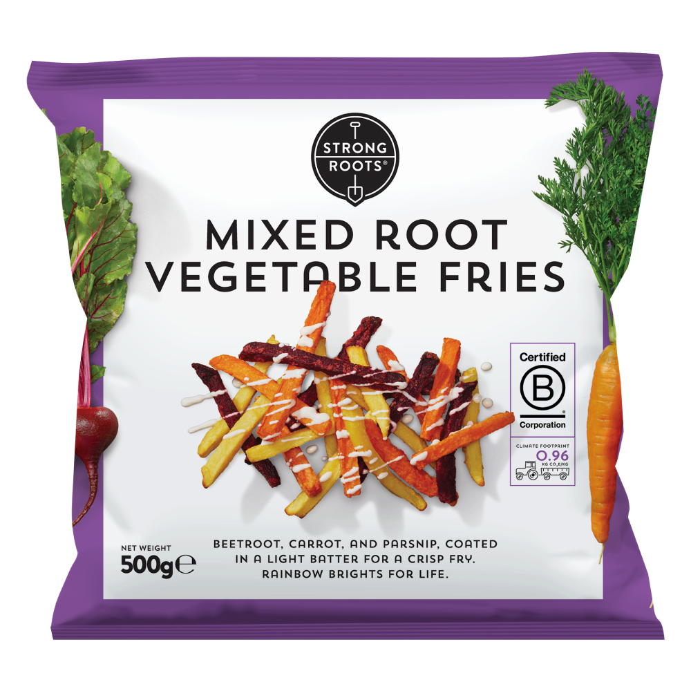 Front of the Packaging featuring Strong Roots' Mixed Root Vegetable Fries.