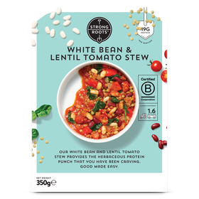 A bowl of Strong Roots White Bean Lentil Tomato Stew. The stew is made with white beans, lentils, and tomatoes, and is garnished with herbs. The dish appears hearty and flavorful. B Corp logo is included on the left side and the Carbon Cloud score is 1.6. The net weight of the meal is 350g. One serving contains 19g of protein.